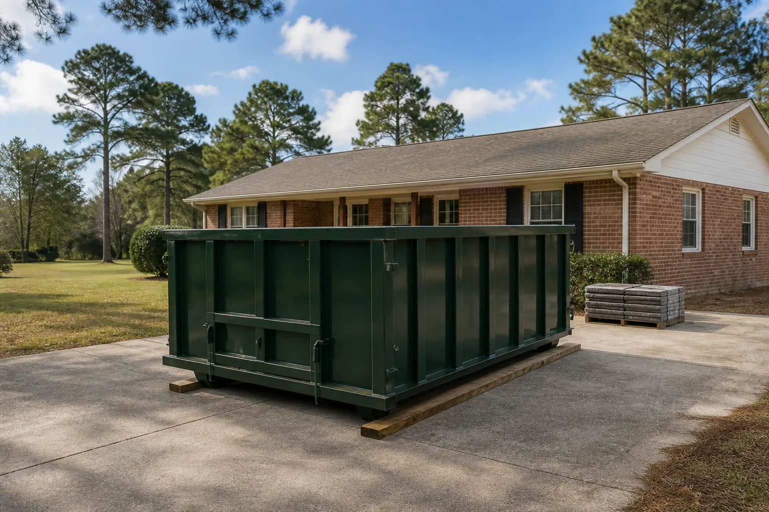 Green roll-off dumpster on a broad drive below a pine-shaded brick ranch