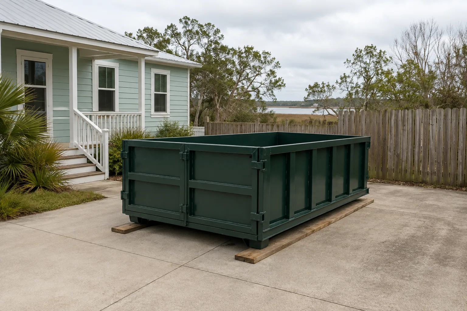 Green roll-off dumpster on a concrete drive beside a low coastal cottage