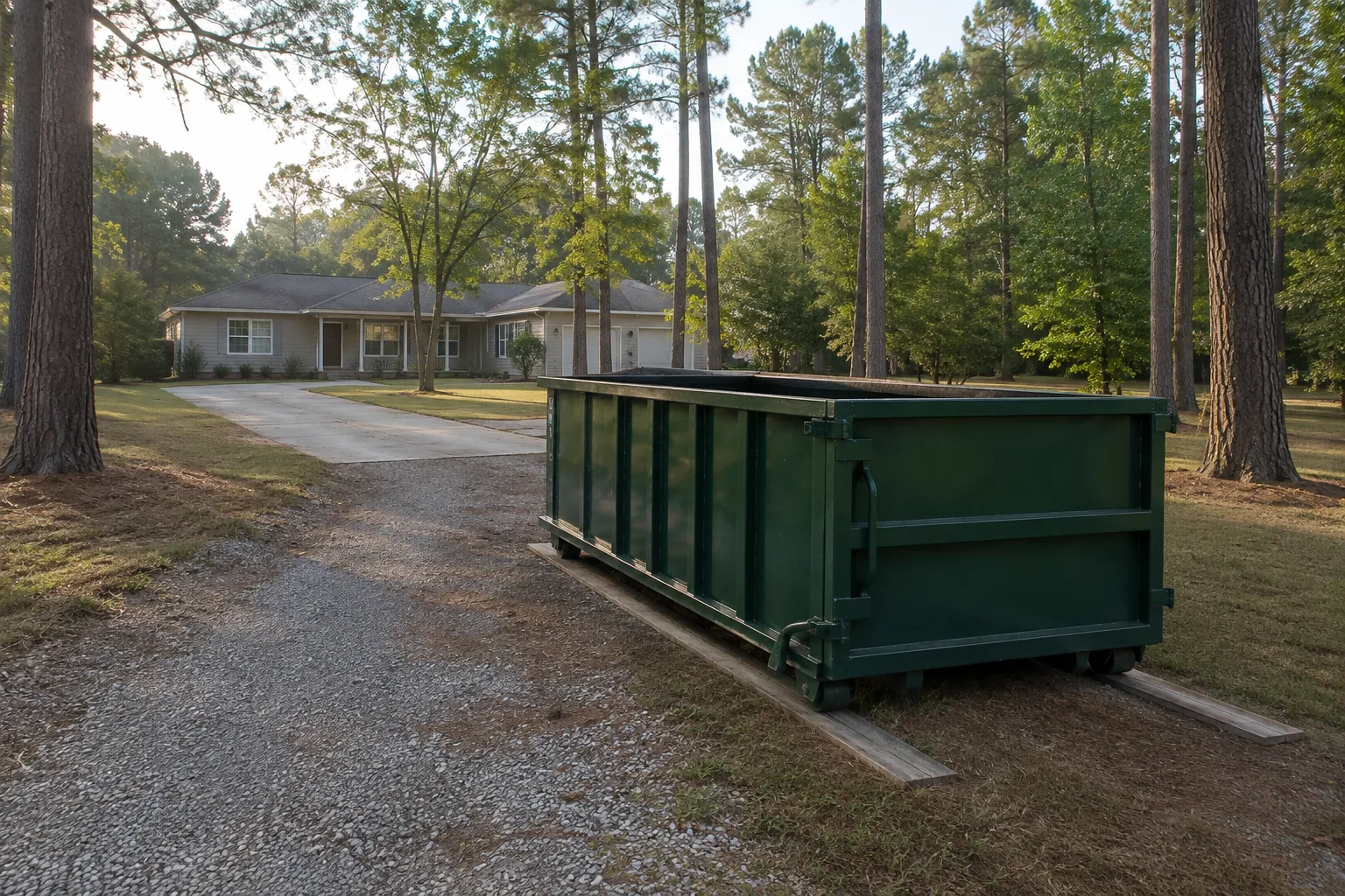 Green roll-off dumpster on wood rails beside a pine-shaded ranch home