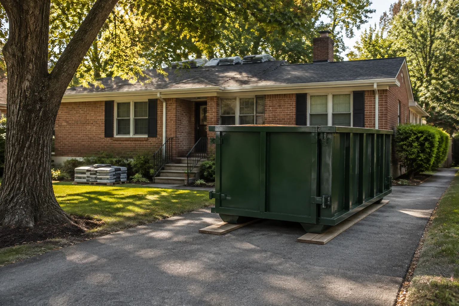 Green roll-off dumpster on a narrow drive beside a brick bungalow