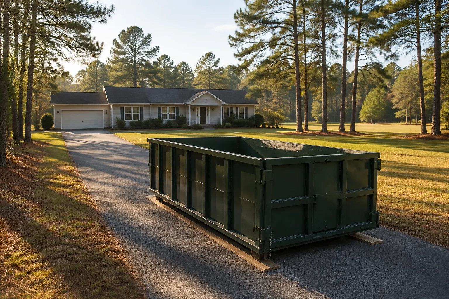 Green roll-off dumpster on a long drive across a pine-shaded open lawn
