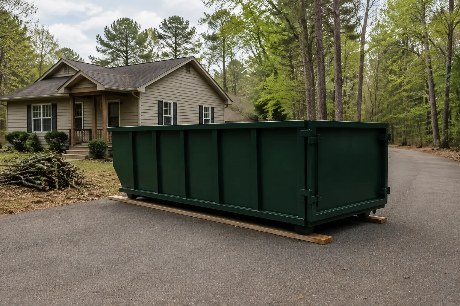 Green roll-off dumpster at the end of a tree-lined residential drive