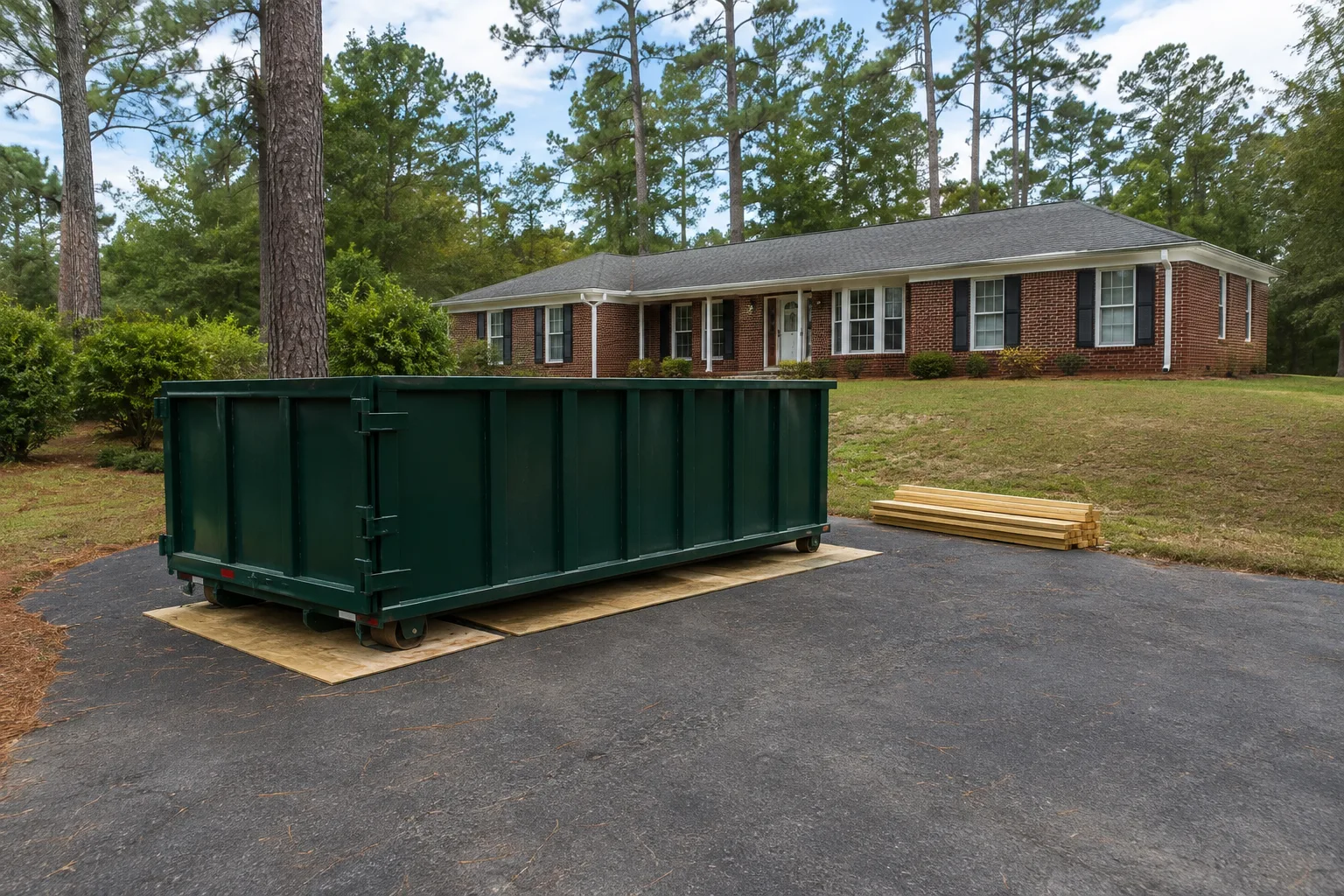 Green roll-off dumpster on protective boards below a brick ranch home