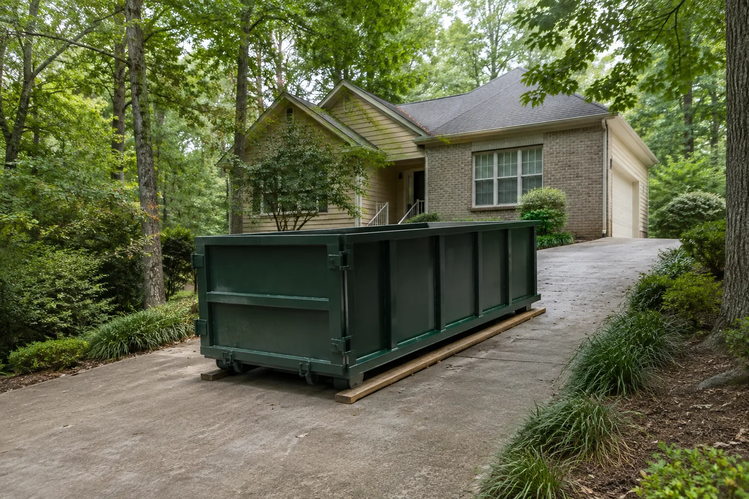 Green roll-off dumpster on a sloped driveway in a wooded subdivision