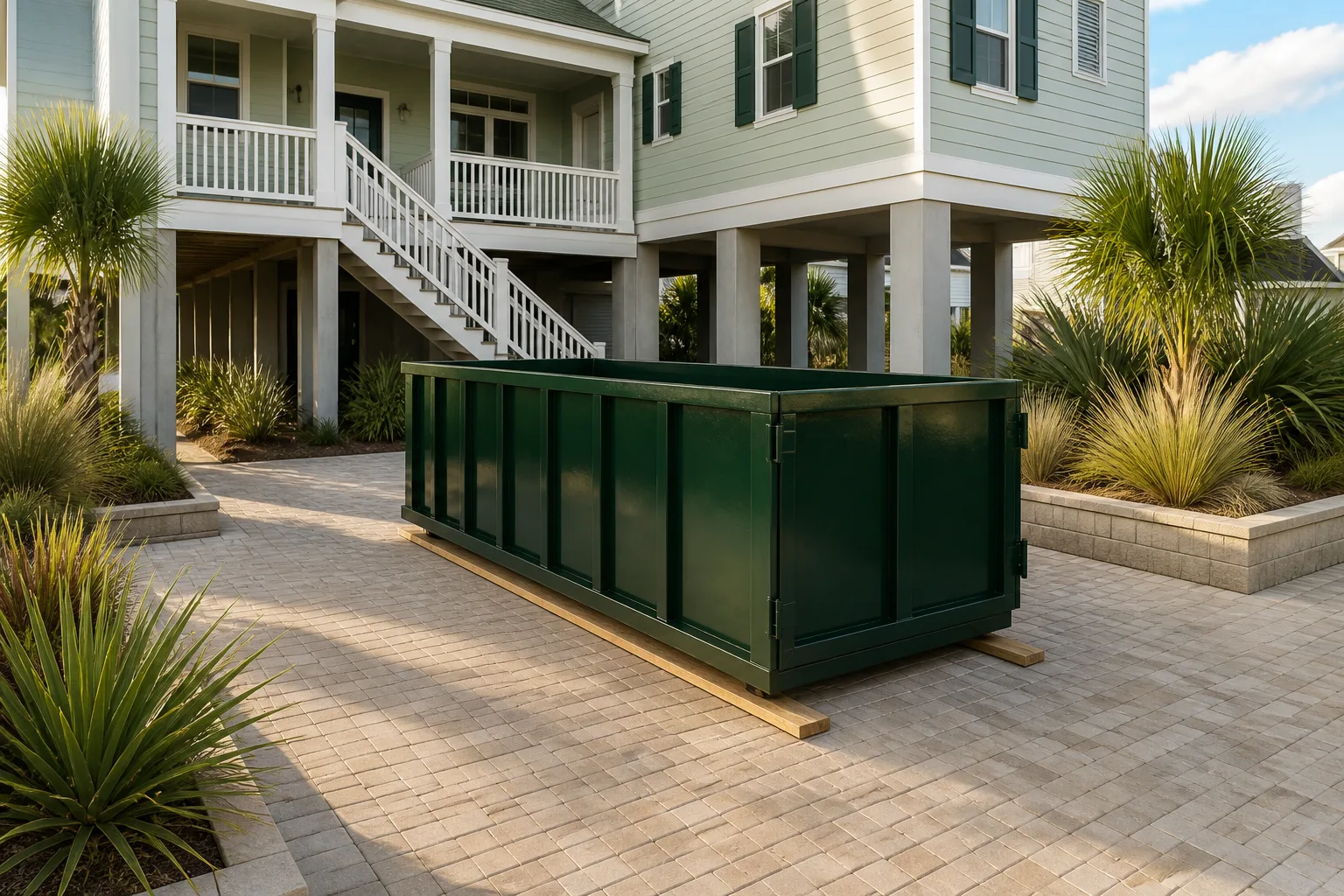 Compact green roll-off dumpster on pavers beside an elevated coastal cottage
