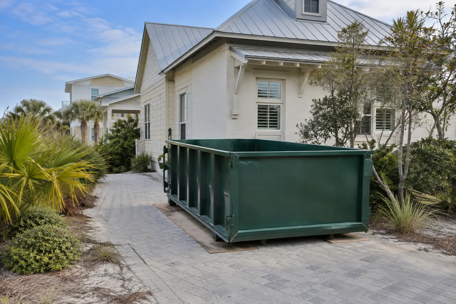 Compact green roll-off dumpster on a paver drive beside a white coastal cottage
