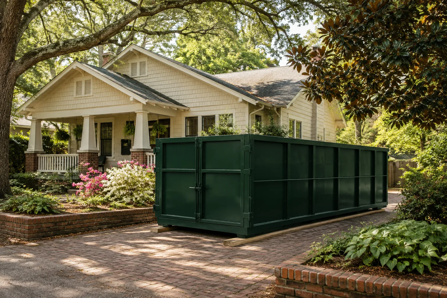 Green roll-off dumpster on a brick-edged drive beside a craftsman cottage
