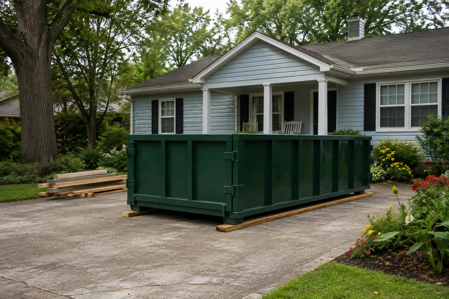 Green roll-off dumpster on a flat drive beside a cottage and colorful garden