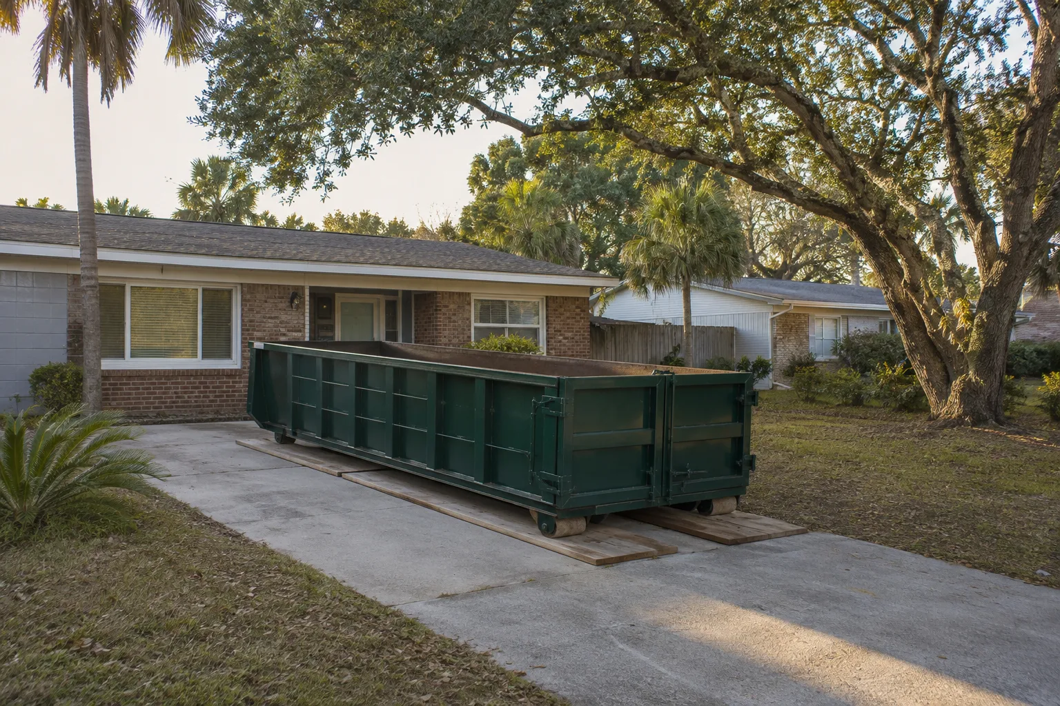 Green roll-off dumpster on protective boards outside a brick ranch home