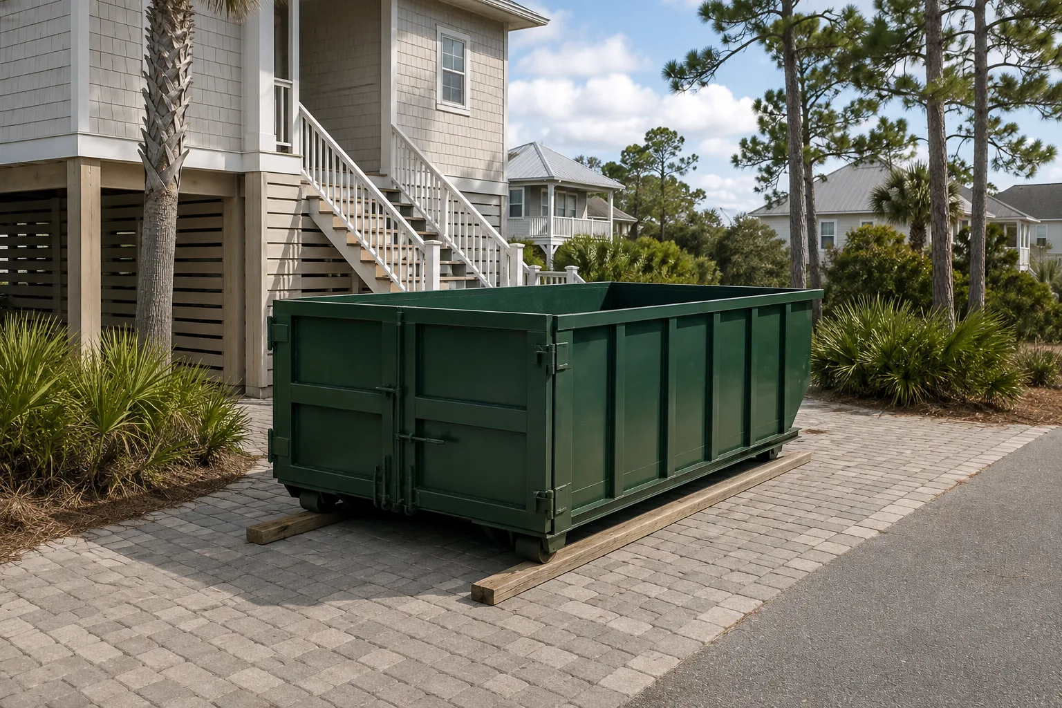Green roll-off dumpster on pavers beside a raised coastal home and palmetto