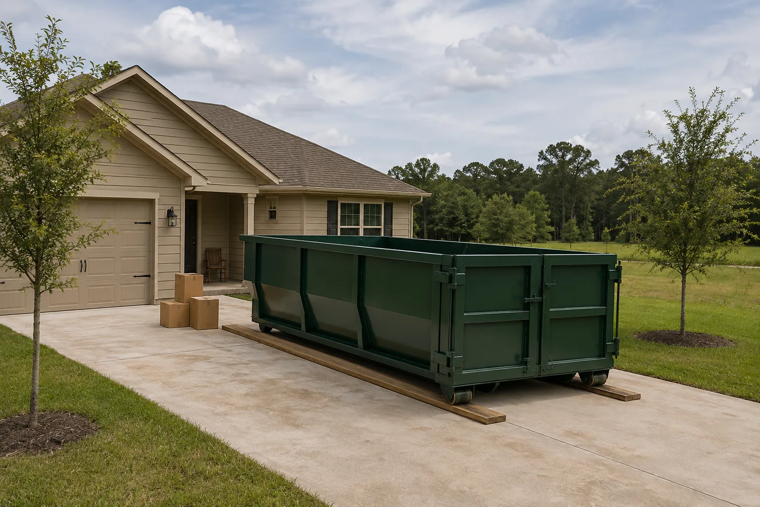 Green roll-off dumpster on a wide drive in a young live-oak neighborhood