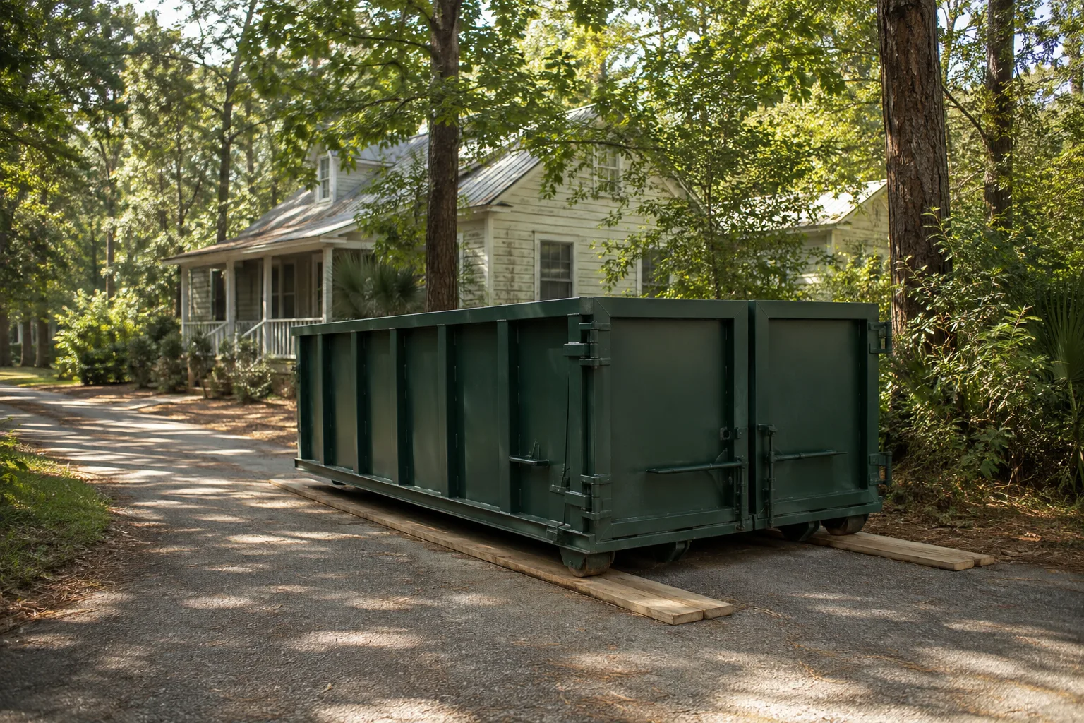 Green roll-off dumpster on a shaded drive beside an older wood cottage