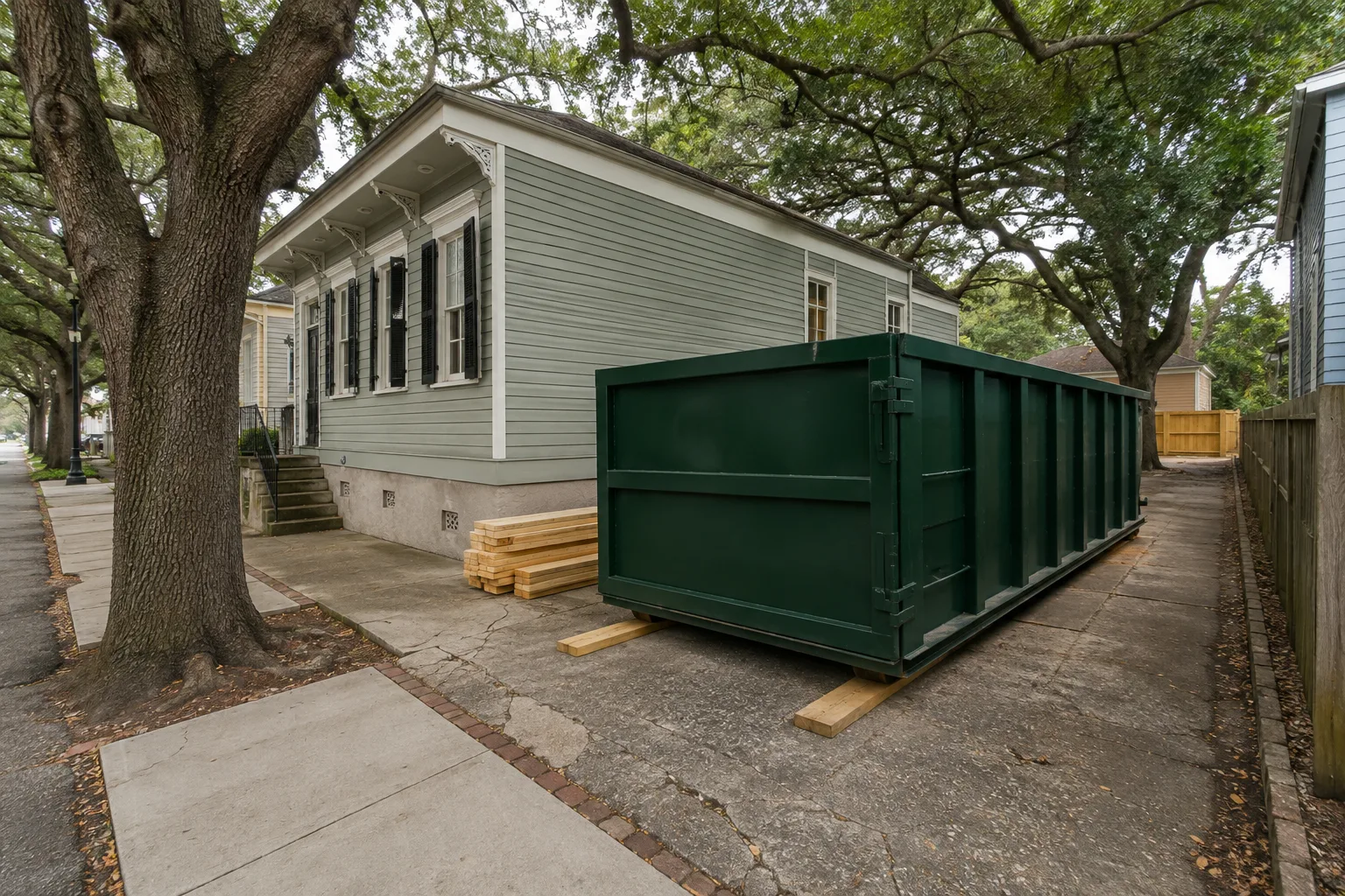 Green roll-off dumpster on a compact drive under live oaks beside a bungalow