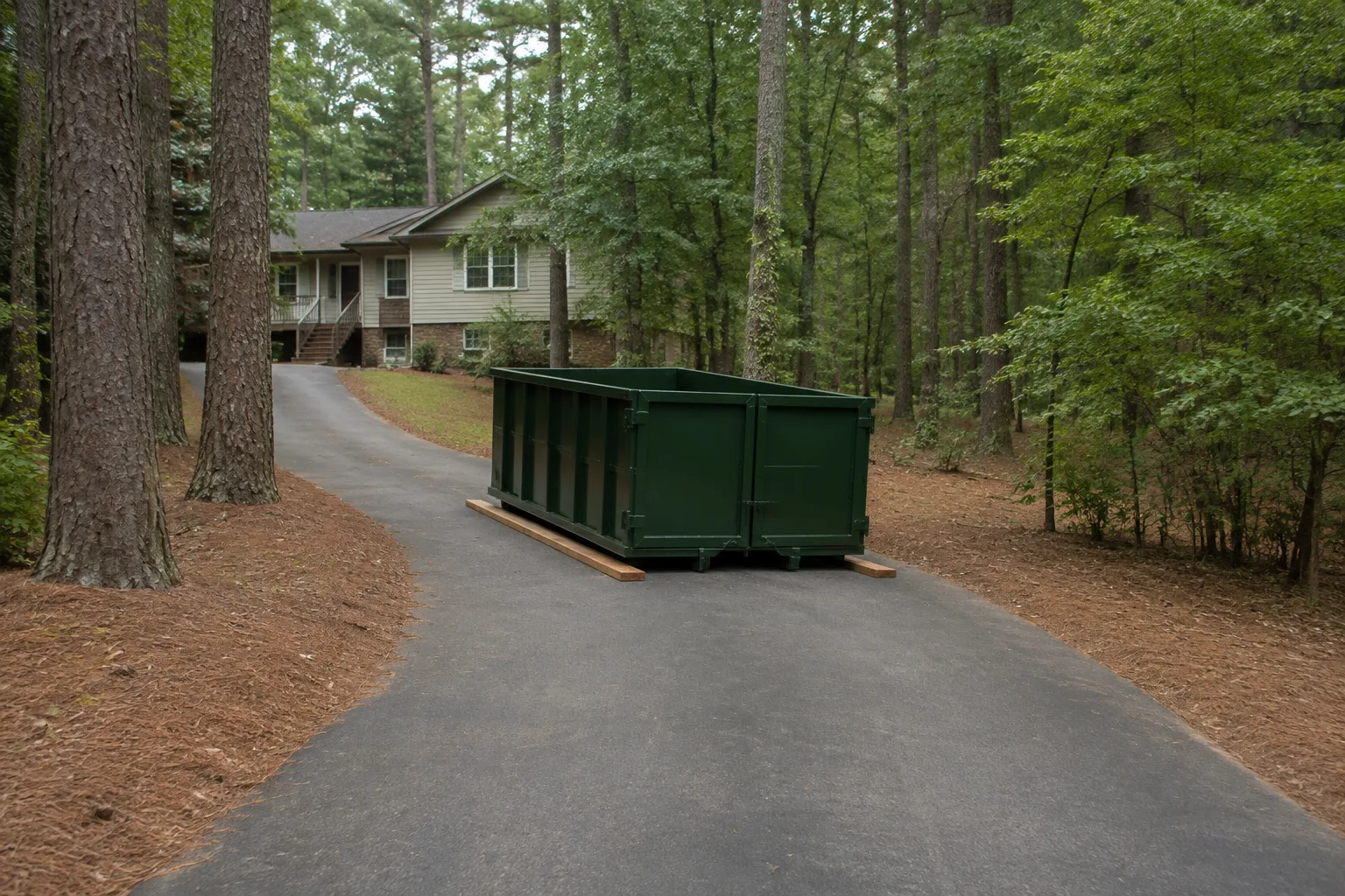 Green roll-off dumpster on a long drive at a wooded rural home