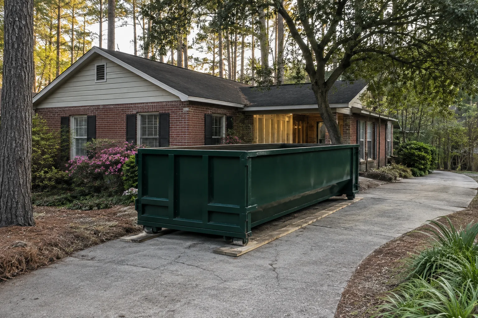 Green roll-off dumpster on a curved drive beside a wooded brick home