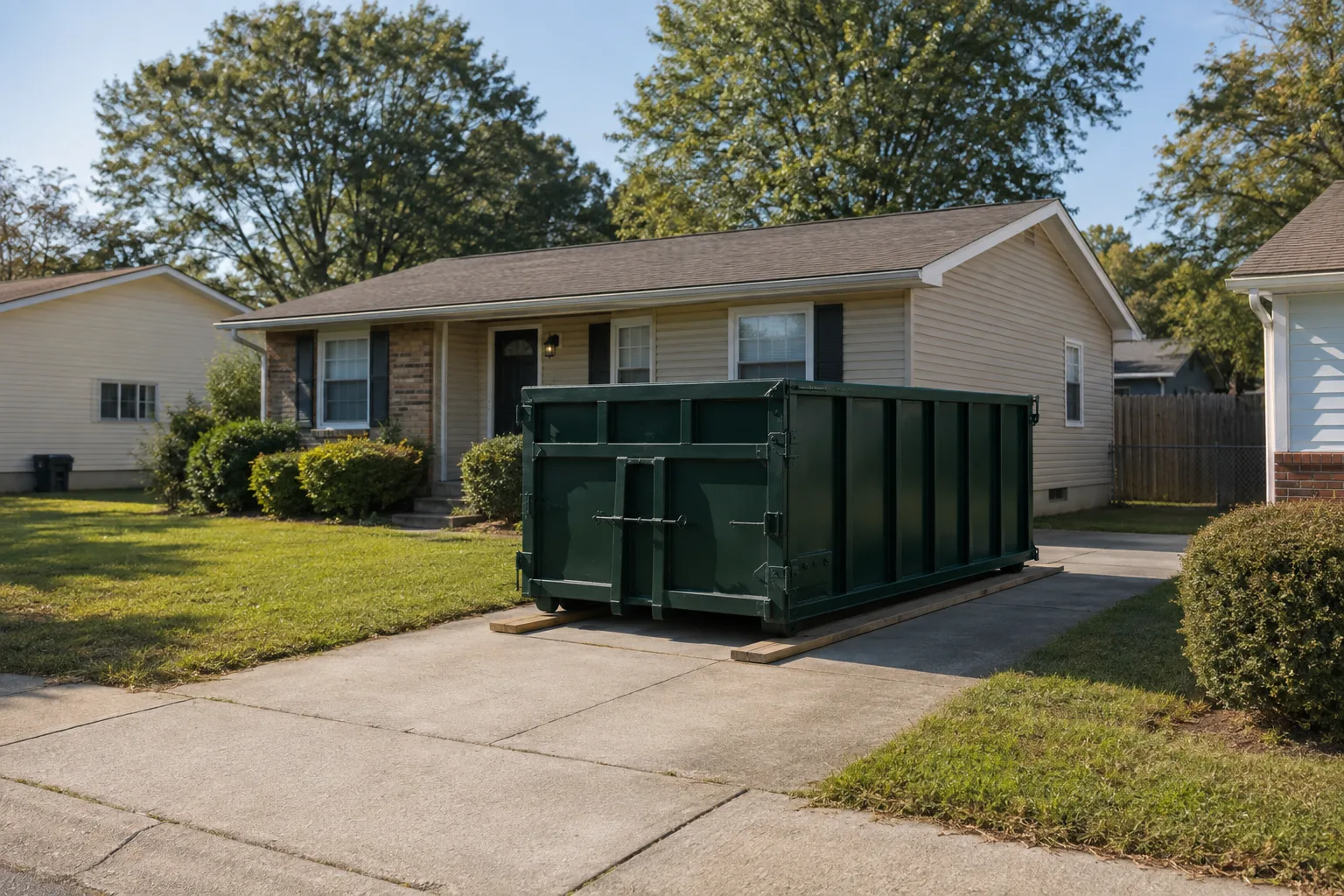 Green roll-off dumpster on a compact drive in an established ranch neighborhood