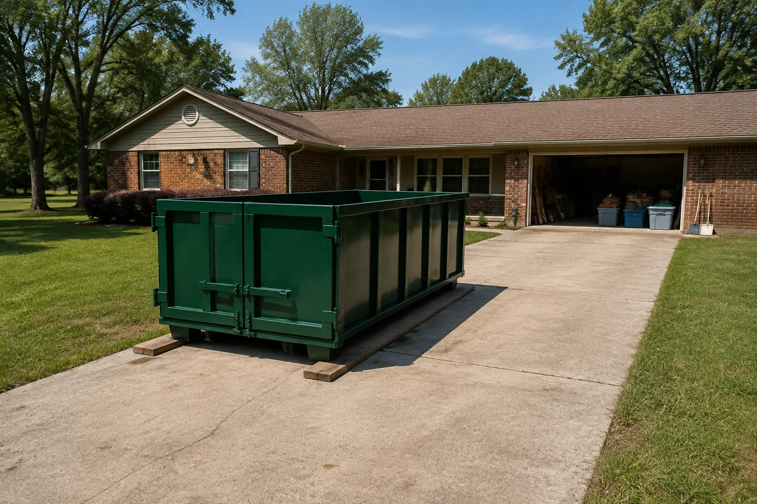 Green roll-off dumpster on a straight drive beside an inland ranch and open yard