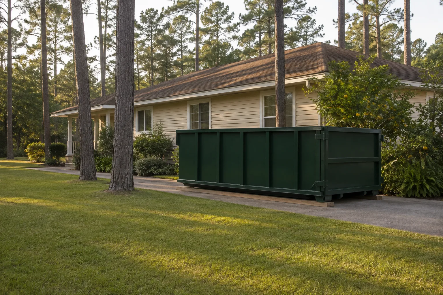 Green roll-off dumpster beside a broad lawn and low-density suburban home