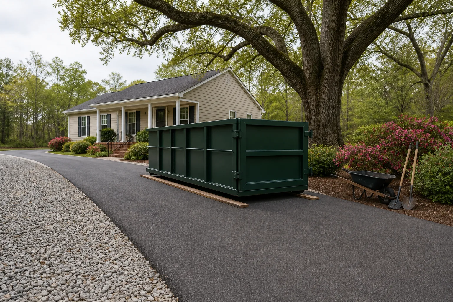 Green roll-off dumpster on a gravel-edged drive beneath a live oak
