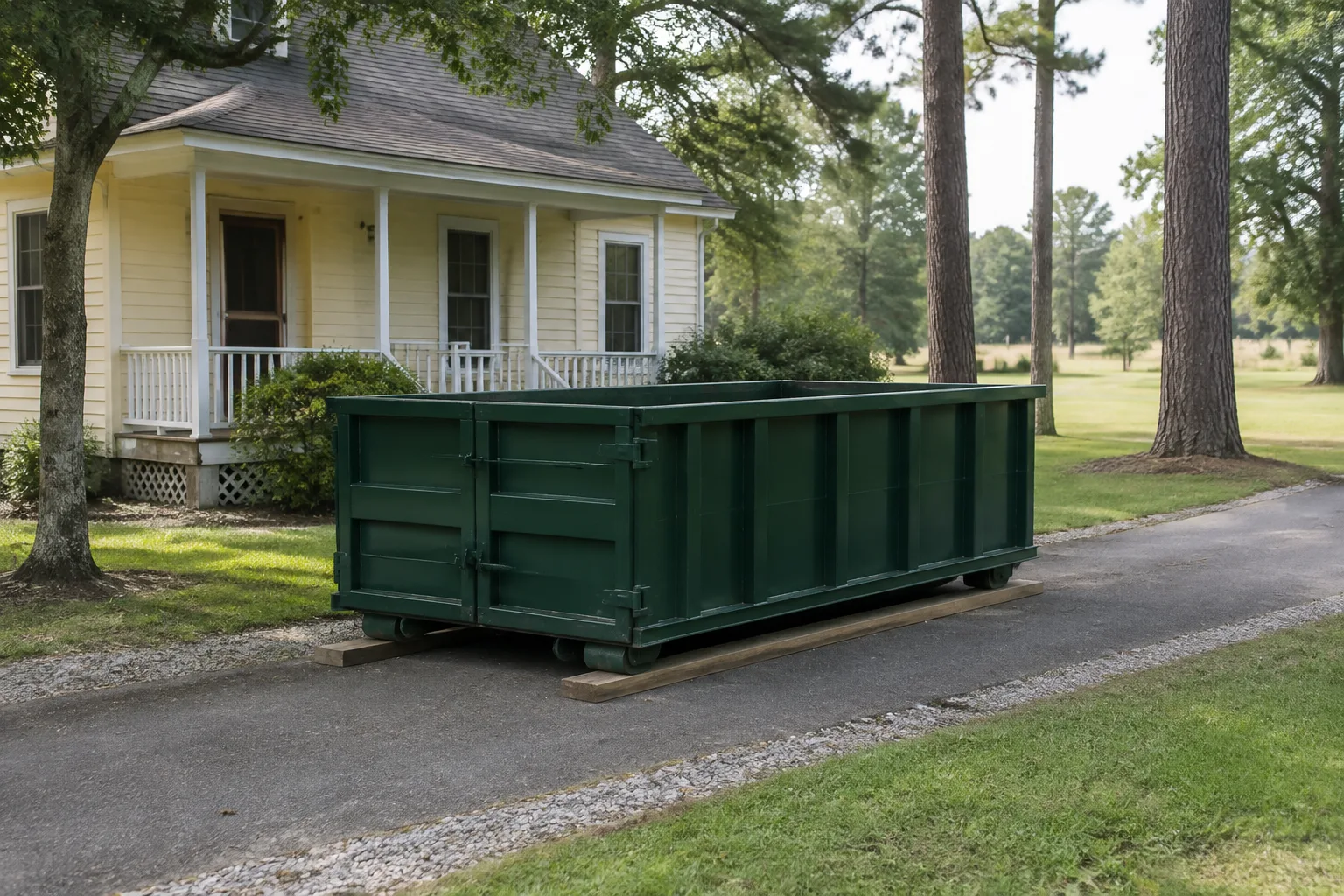 Green roll-off dumpster on a gravel-edged drive beside a cottage with a porch