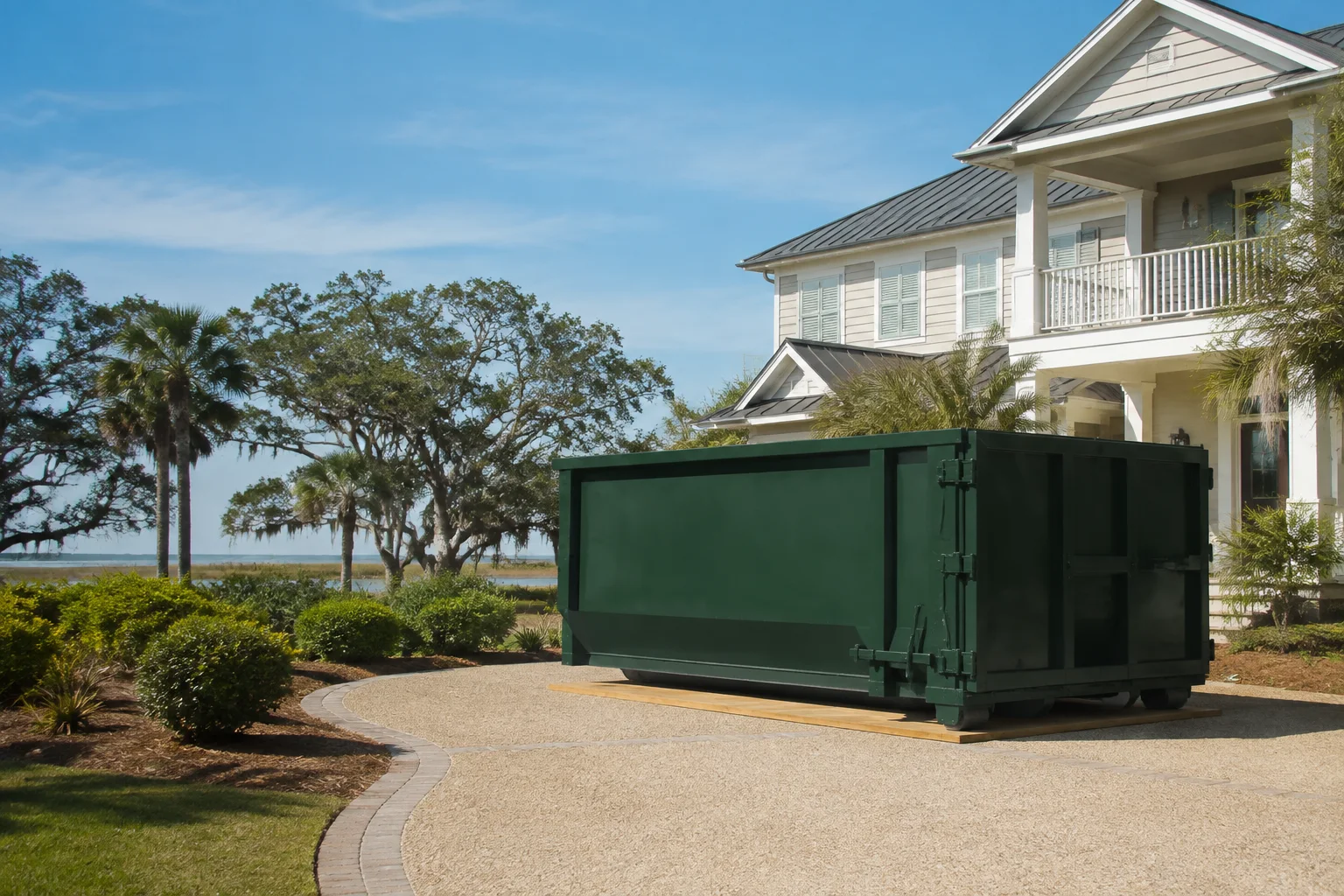 Clean green residential dumpster beside a Gulf Coast home